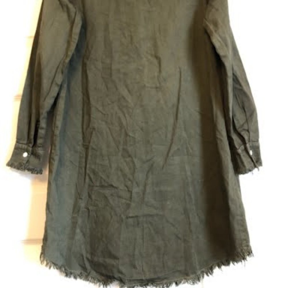 NWT ZILCREMO Frayed Edges Denim Shirt Mini Dress Long Sleeve Dark Olive M - Picture 6 of 8